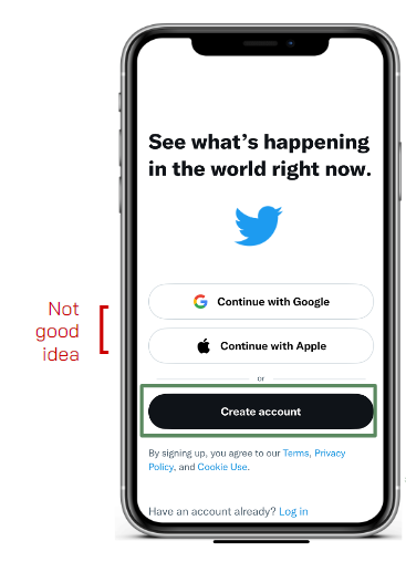 A screenshot of the Twitter app sign-up screen showing options to "Continue with Google," "Continue with Apple," or "Create account," with a note indicating potential concerns about the last option.