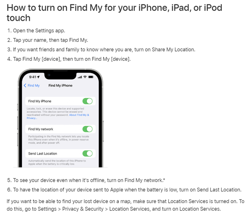 Instructions for enabling "Find My iPhone" on iOS, including steps to turn on location sharing, "Find My network," and "Send Last Location" options for tracking the device.