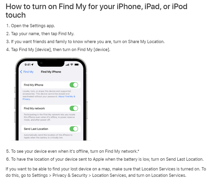 Instructions for enabling "Find My iPhone" on iOS, including steps to turn on location sharing, "Find My network," and "Send Last Location" options for tracking the device.