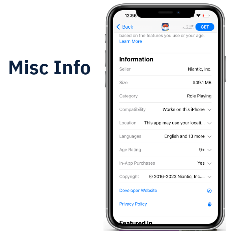 Miscellaneous information about Pokémon GO, including its developer (Niantic, Inc.), file size (349.1 MB), compatibility details, and language support.