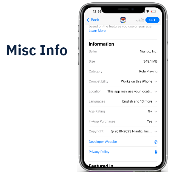 Miscellaneous information about Pokémon GO, including its developer (Niantic, Inc.), file size (349.1 MB), compatibility details, and language support.