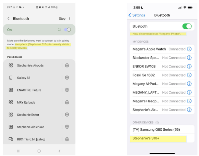 A side-by-side comparison of Bluetooth settings on Android and iOS, displaying paired devices and the visibility of the phone for pairing.