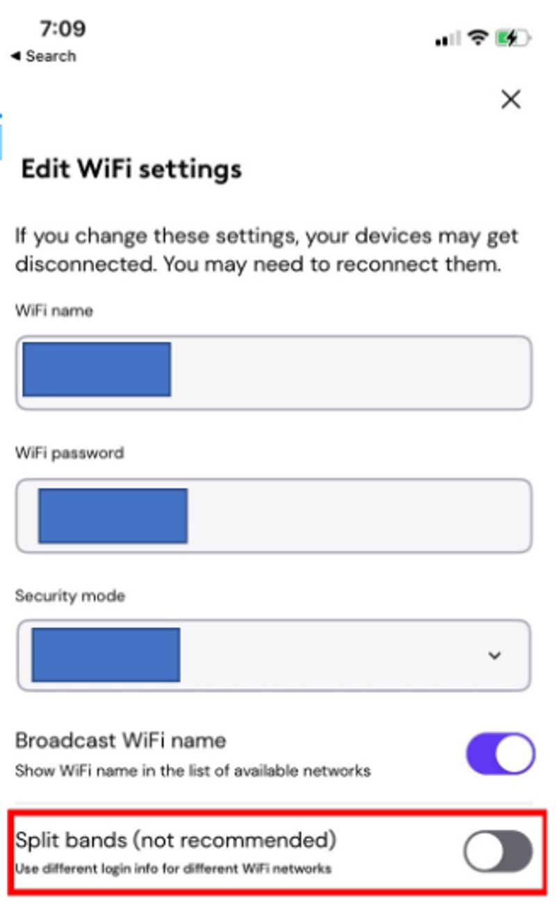 A screenshot of Wi-Fi settings, allowing changes to the Wi-Fi name, password, security mode, and an option to split bands for different networks.