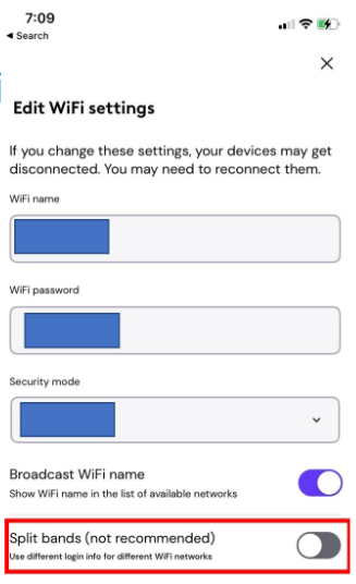 A screenshot of Wi-Fi settings, allowing changes to the Wi-Fi name, password, security mode, and an option to split bands for different networks.