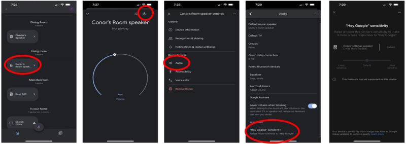 A sequence of screenshots in the Google Home app demonstrating how to access a speaker's settings, adjust audio features, and modify the sensitivity of the speaker to "Hey Google" voice commands using a slider.