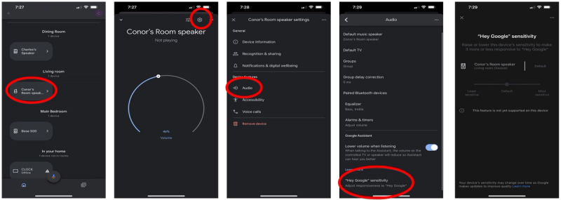 A sequence of screenshots in the Google Home app demonstrating how to access a speaker's settings, adjust audio features, and modify the sensitivity of the speaker to "Hey Google" voice commands using a slider.