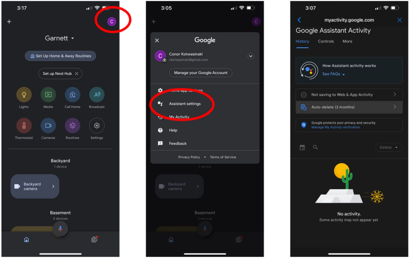 Three screenshots showing the Google Home app navigation: the home screen with user profile icon, accessing "Assistant settings" from the user profile menu, and the "Google Assistant Activity" page where users can view and manage Assistant activity, including auto-delete settings.