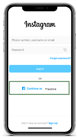 A screenshot of the Instagram login screen with an option to "Continue as Theodore" via Facebook for simplified account access.