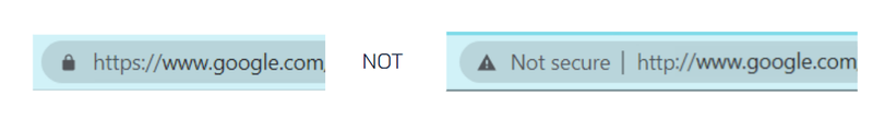 A comparison of browser address bars showing a secure connection (https with a padlock icon) versus a non-secure connection (http with a "Not secure" warning).