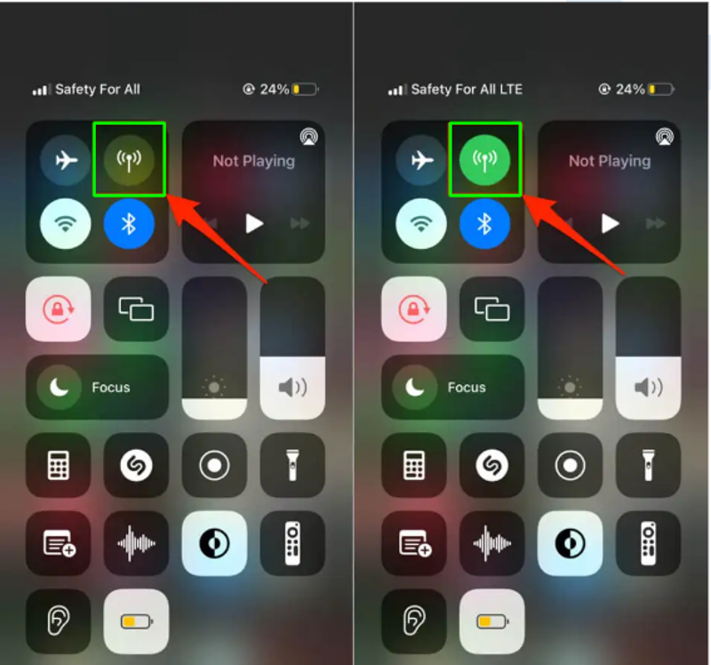 A screenshot of an iPhone control center highlighting the cellular data toggle, showing its inactive and active states.