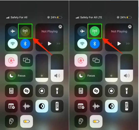 A screenshot of an iPhone control center highlighting the cellular data toggle, showing its inactive and active states.