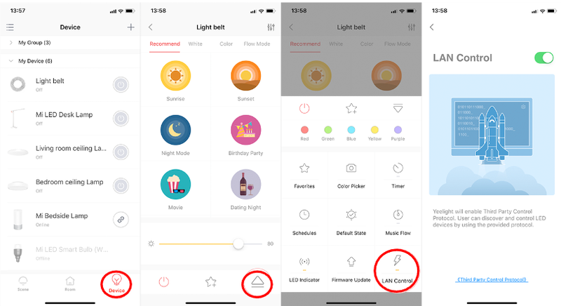 A series of app screenshots showing a smart light control interface, including device selection, lighting modes, and enabling LAN control for third-party integration.