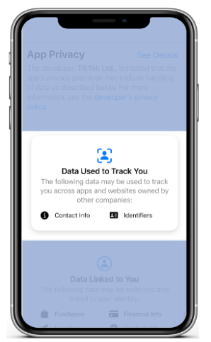 A close-up of the "Data Used to Track You" section in an app’s privacy settings, highlighting identifiers and contact information as tracked data.