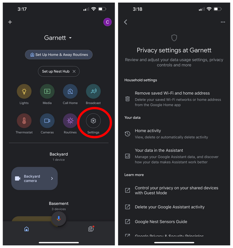 Two screenshots showing the Google Home app privacy settings menu, where users can remove saved Wi-Fi and home addresses, manage home activity, and adjust Google Assistant data usage and privacy preferences.