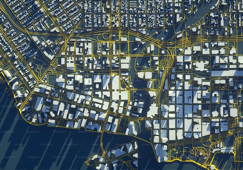 A satellite view of an city and its marina.