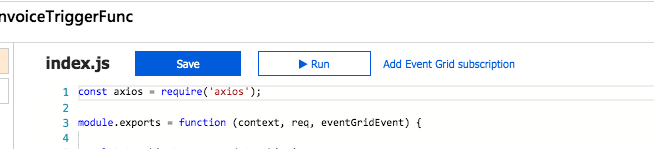 screenshot of azure function portal with save, run and add event grid subscription options