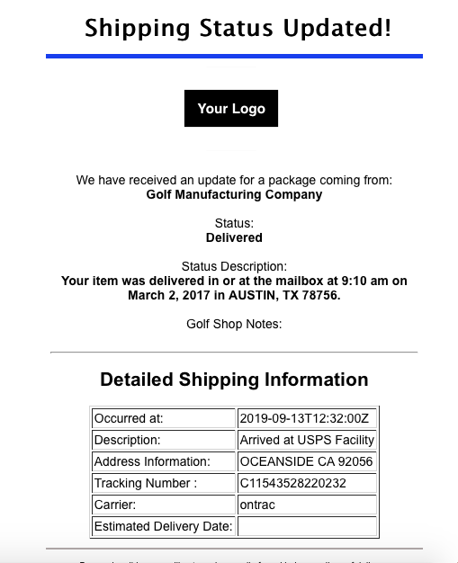Example email displaying company information and shipping status