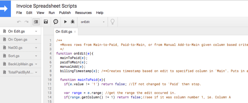 google scripts dashboard with top part of script