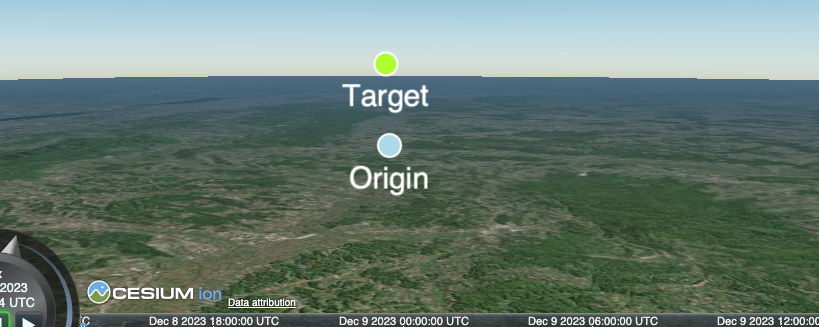 cesium viewer with blue origin point in from of an below green target point.