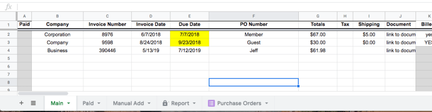 spreadsheet with column labels for manito invoice data