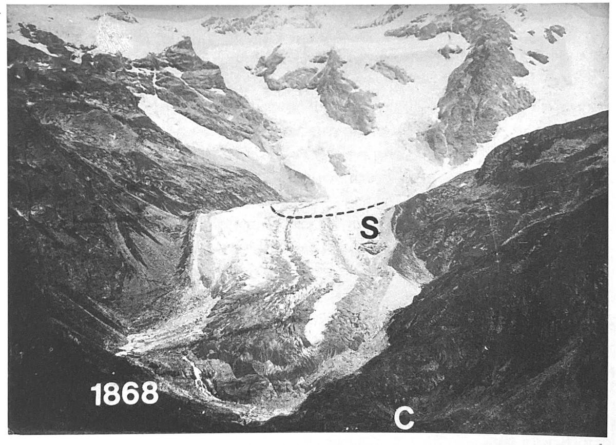 One of Monte Rosa southern side’s glaciers in a very rare image from 1868, with the comparison of its extension from 1984 (S line). La Montagna di Ghiaccio, 1991.