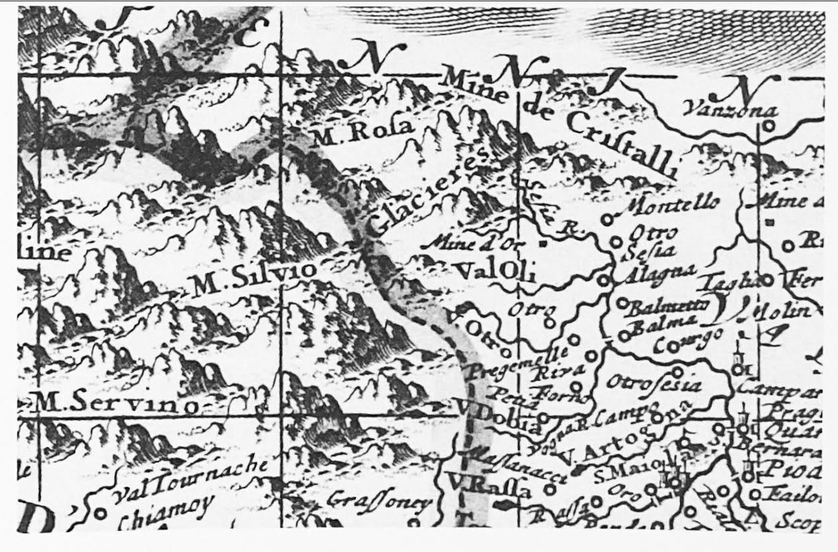 Details of a map where three different names are attached to the Monte Rosa area: M. Rosa, M. Silvio, Glacieres. Carta del Piemonte e della Savoia, Visscher, 1695.
