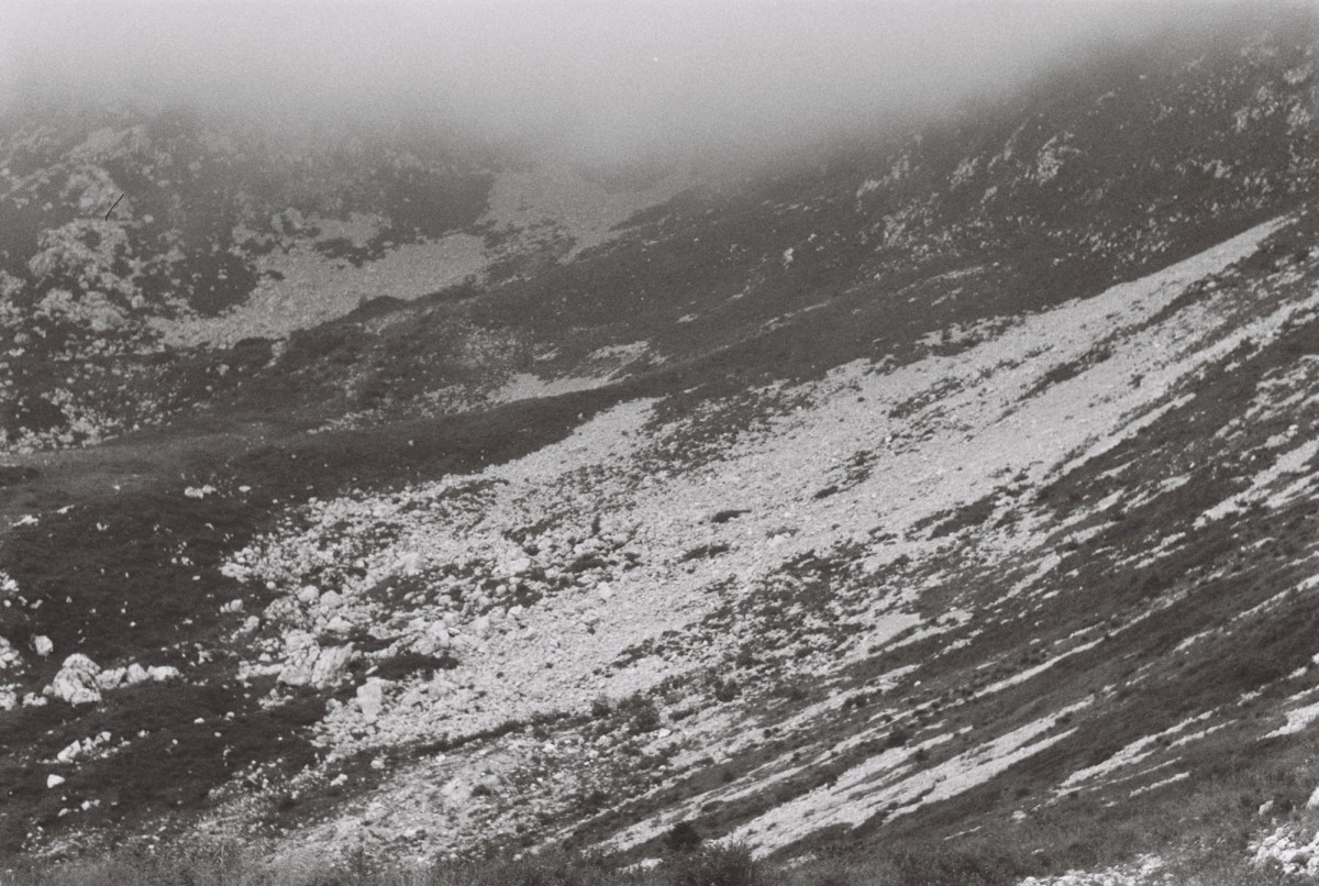 View with low clouds on a gravel tongue along a slope of Monte Cavallo, Pordenone (IT). 2023