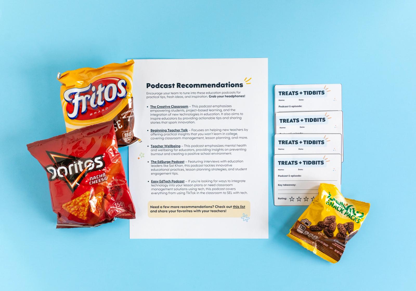 A Piece of paper and notecards lay on a light blue background. Small bags of snacks are scattered around.