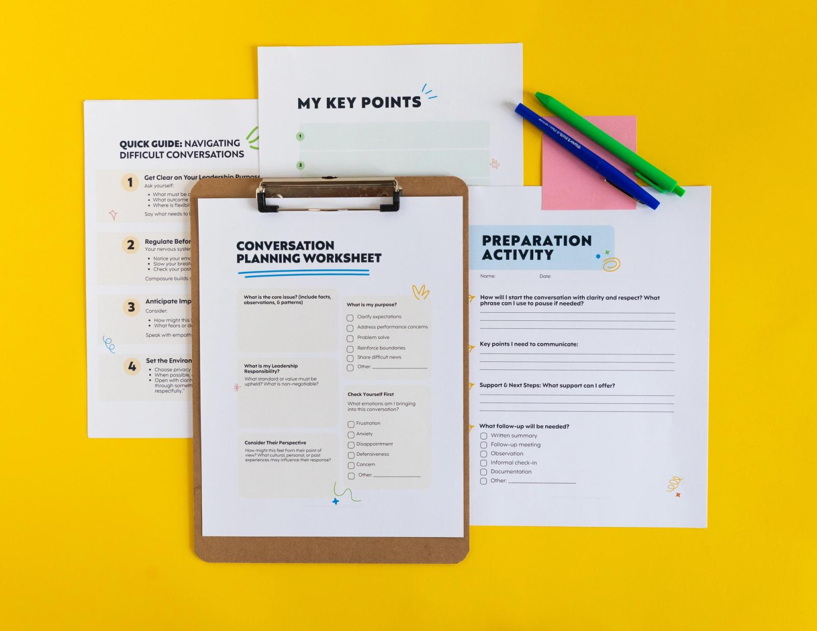 Sheets of paper, clipboard with piece of paper on it, pens, and sticky notes lay on a yellow background.
