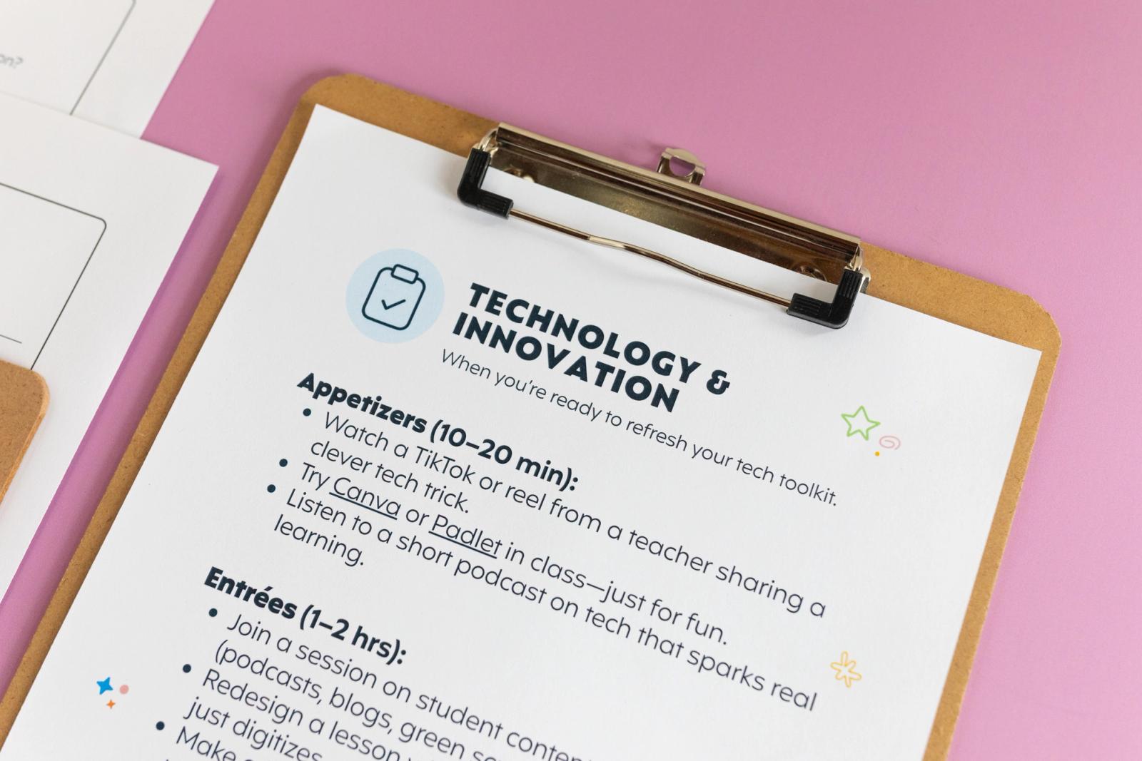 Closeup of a clipboard with a piece of paper that says "technology and innovation" on it lays on a light purple background.
