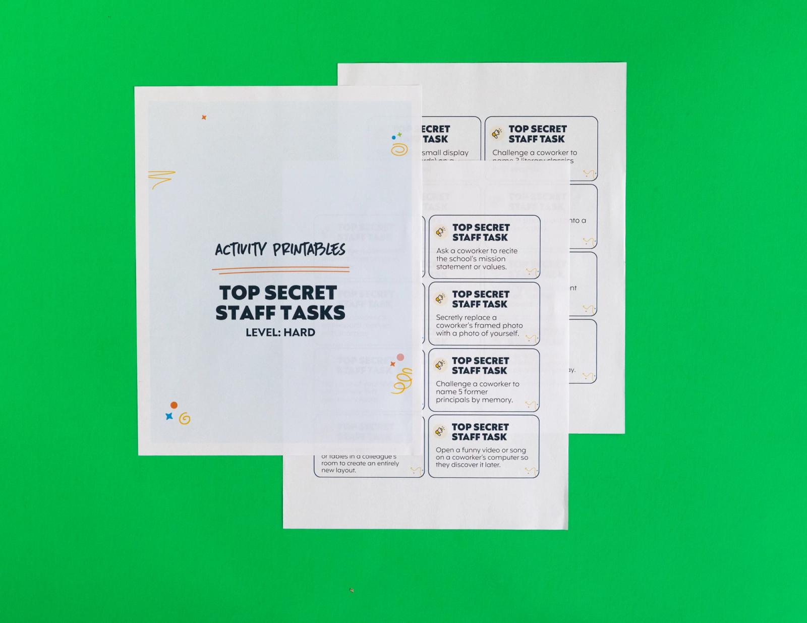 Two sheets of paper lay on a green background. One says "top secrete staff tasks: level: hard." 