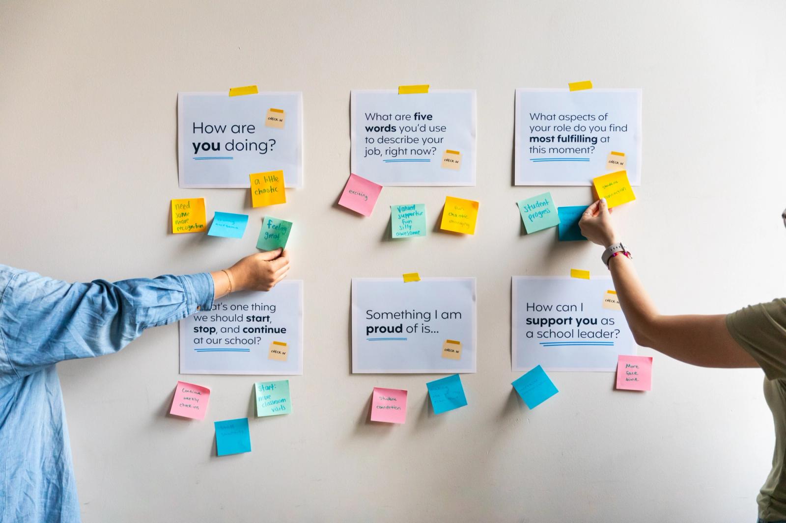 Six pieces of paper are taped to a white wall with colorful sticky notes placed all around. Two people reach in from each side to place more sticky notes.