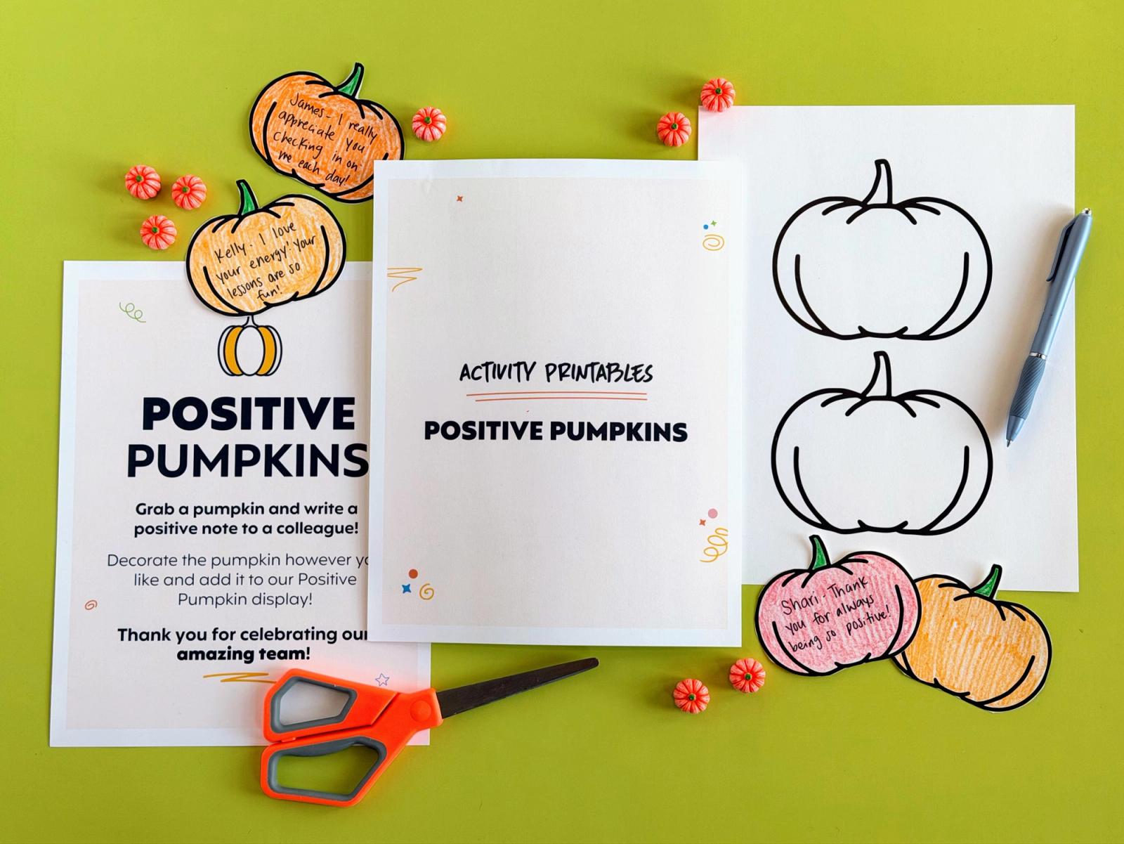 Positive Pumpkins printables for a staff appreciation bulletin board, including the directions sign, a cover page, pumpkin templates, and colored pumpkins with handwritten notes to colleagues.