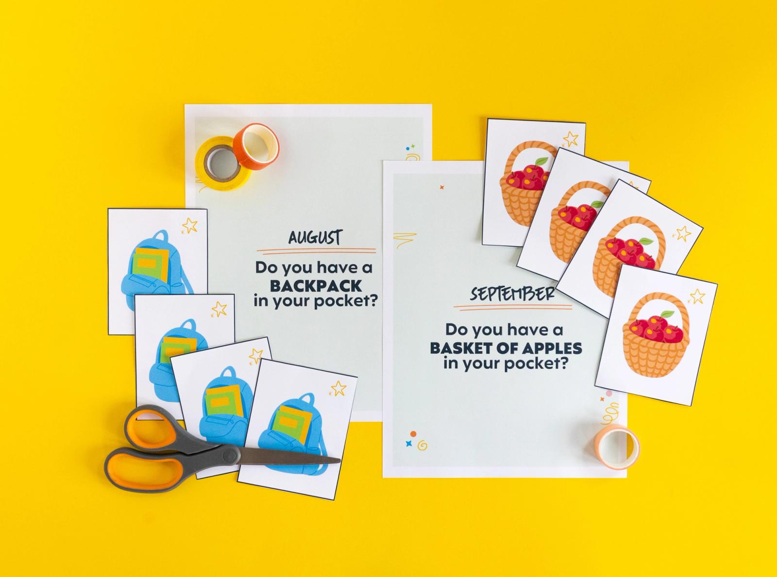 Two sheets of paper lay on a yellow background. Next to them are two sets of four images, one set has a basket with apples on them and the other has backpacks.
