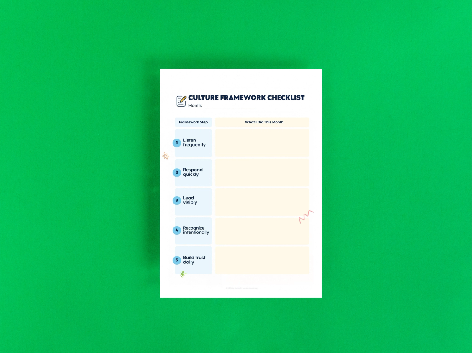 A sheet of paper that says "culture framework checklist" lays on a green background.