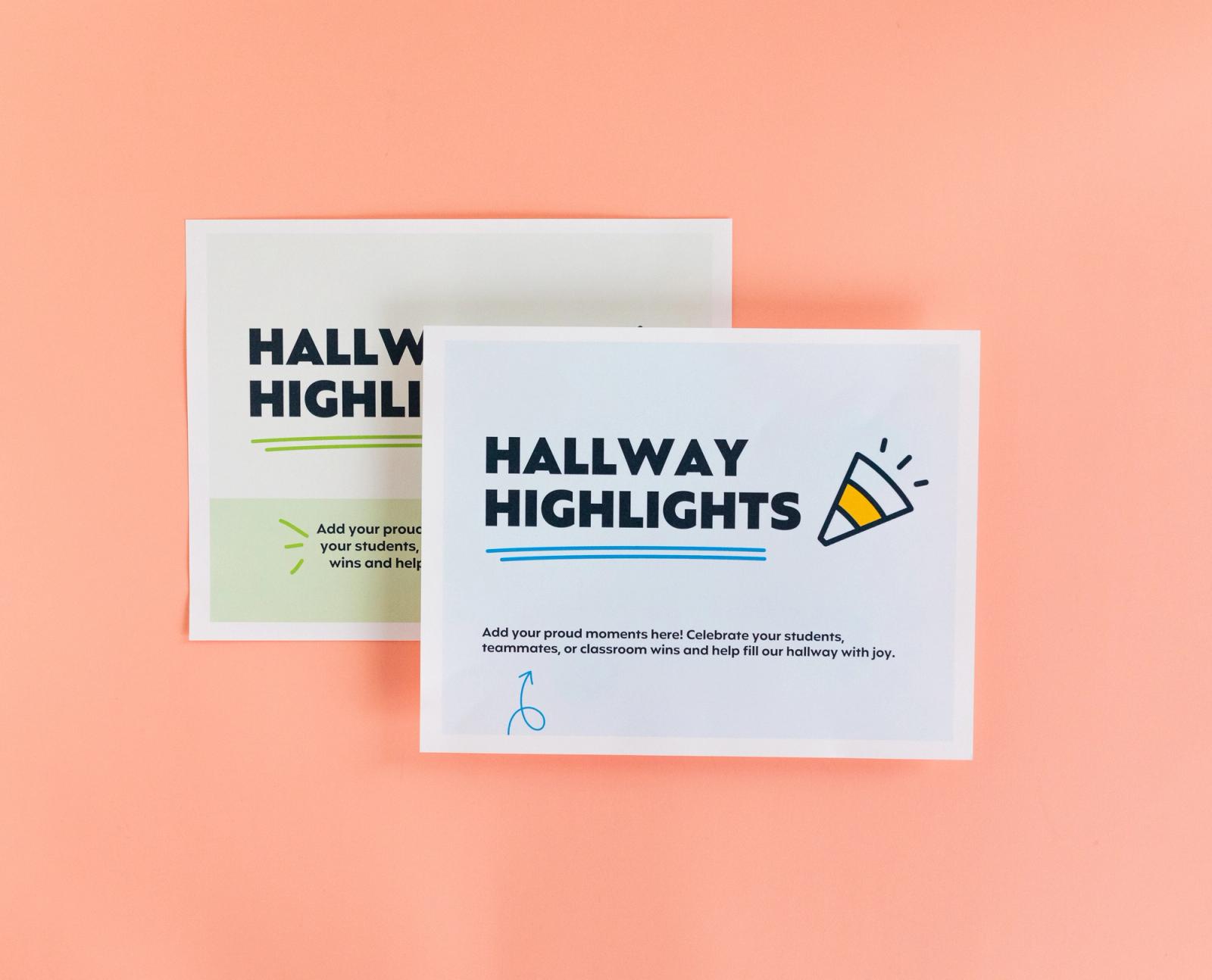 Sheets of paper that say "hallway highlights" lay on a salmon background.