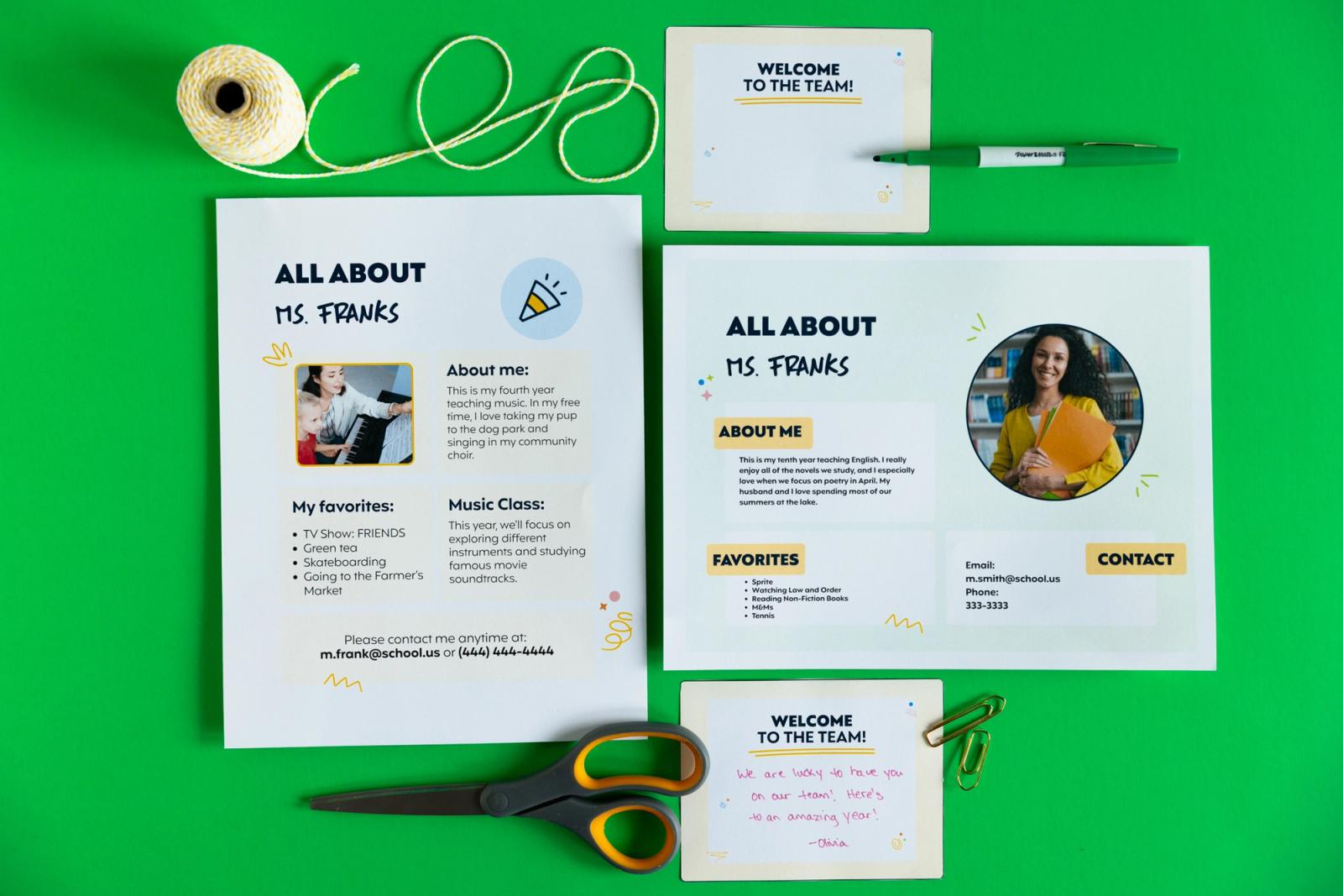 Four sheets of paper, scissors, a marker, and string lay on a green background.