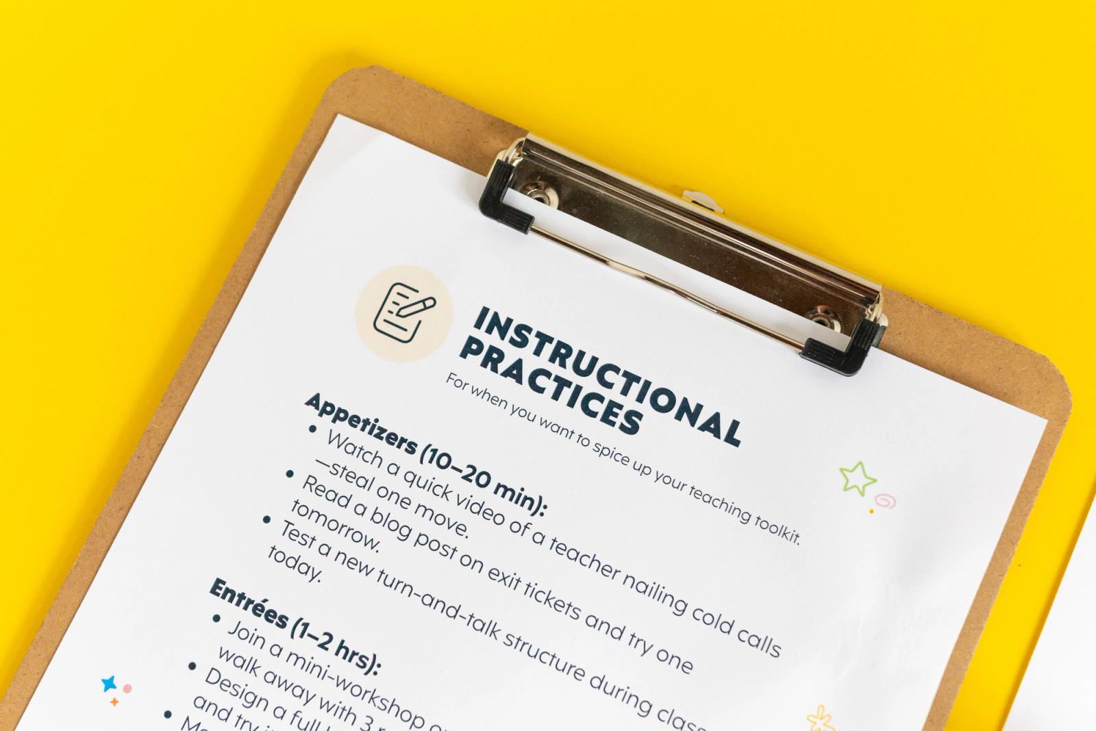 Closeup of a clipboard with a piece of paper on it that says "instructional practices."