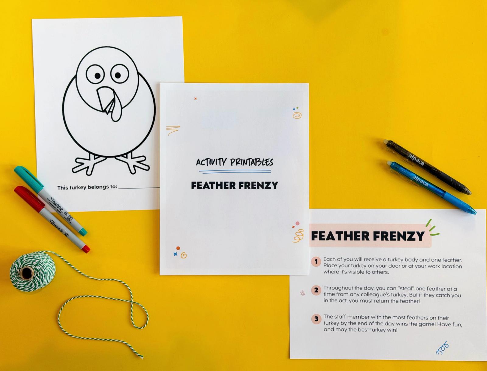 Feather Frenzy Thanksgiving staff game printables: a turkey body to color, a cover page, and game directions with markers
