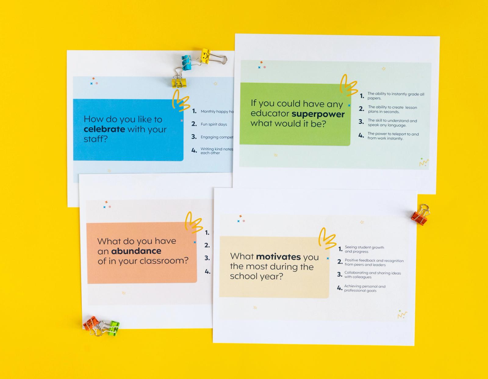 Four sheets of paper with questions on them lay on a yellow background.