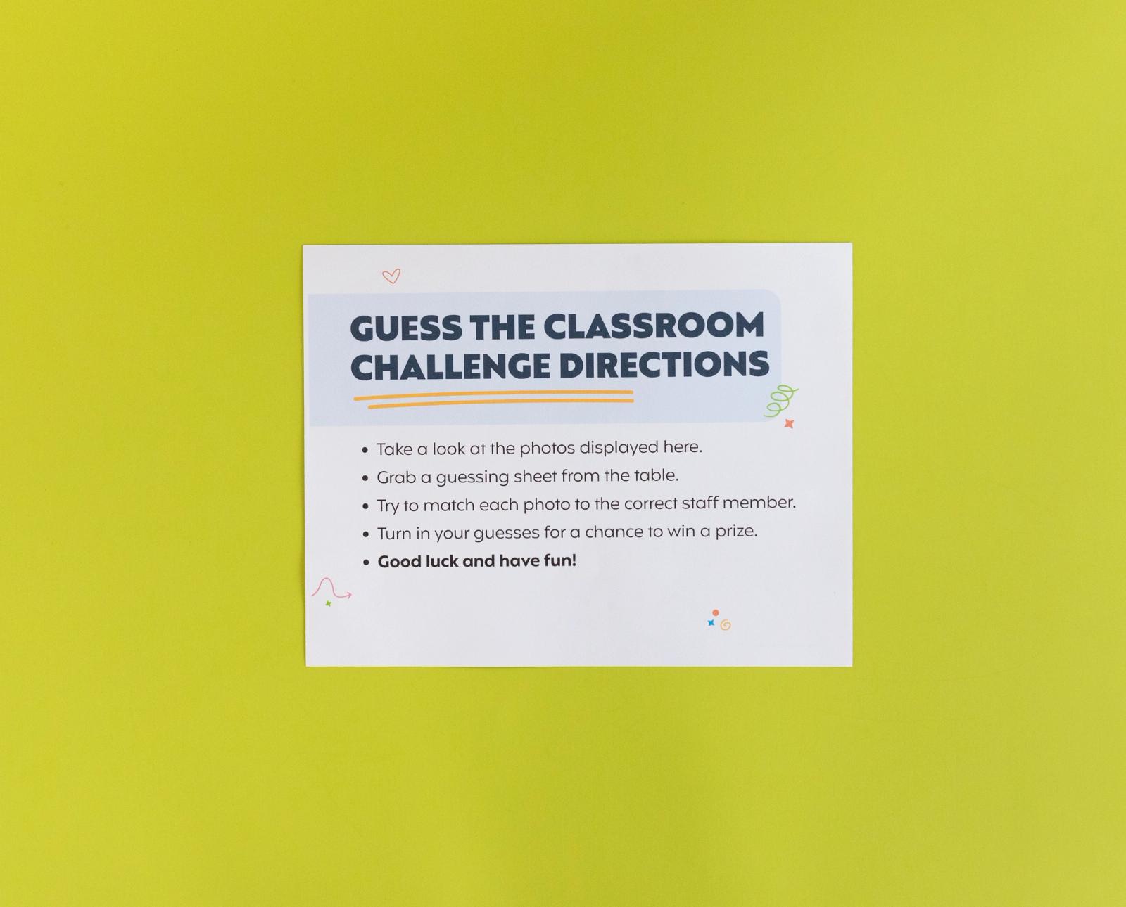 Sheet of paper that says "guess the classroom challenge directions" lays on a light green background.