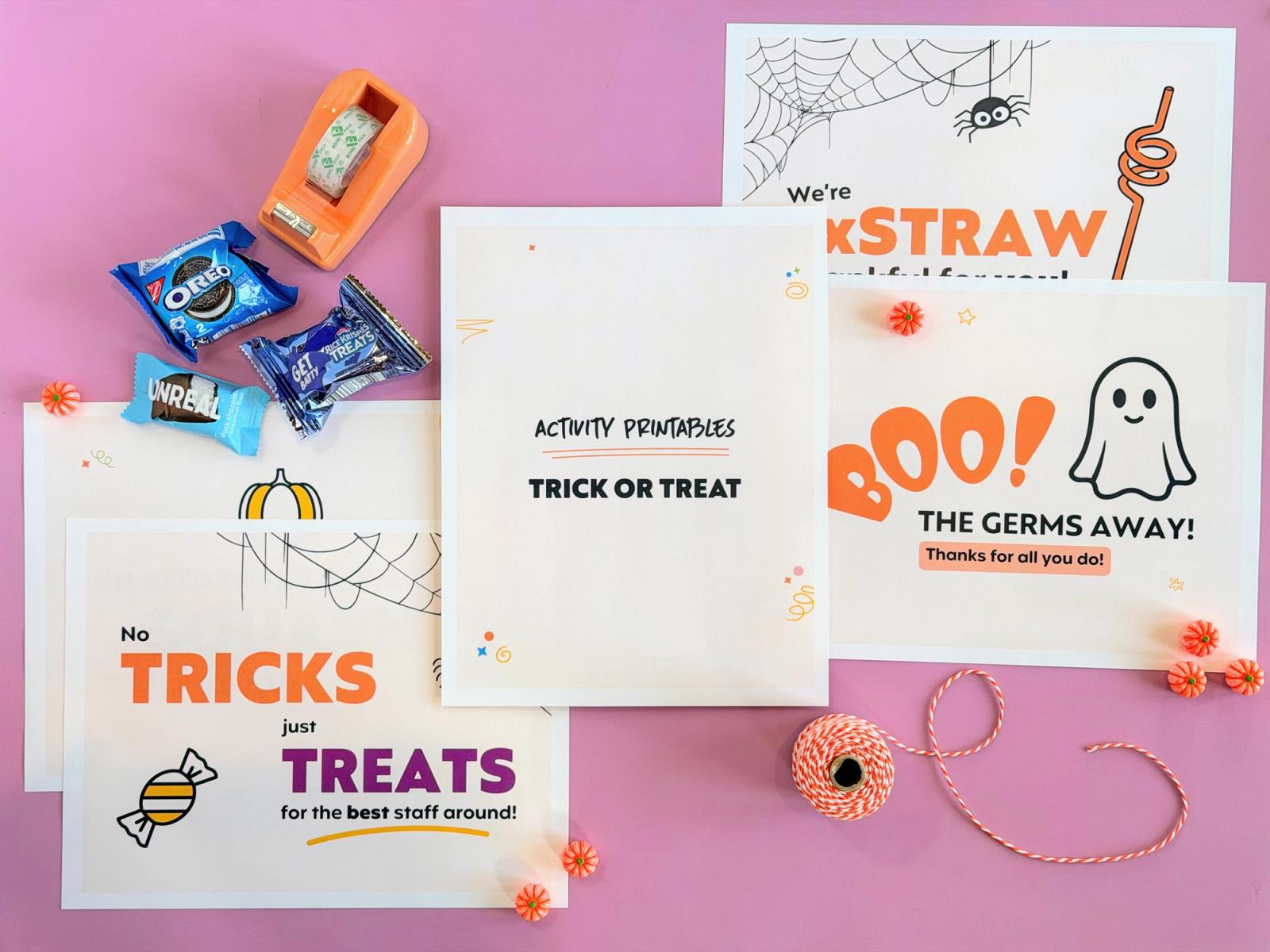 Halloween staff trick or treat printable signs with wrapped snacks, tape, and orange twine for a teacher morale booster