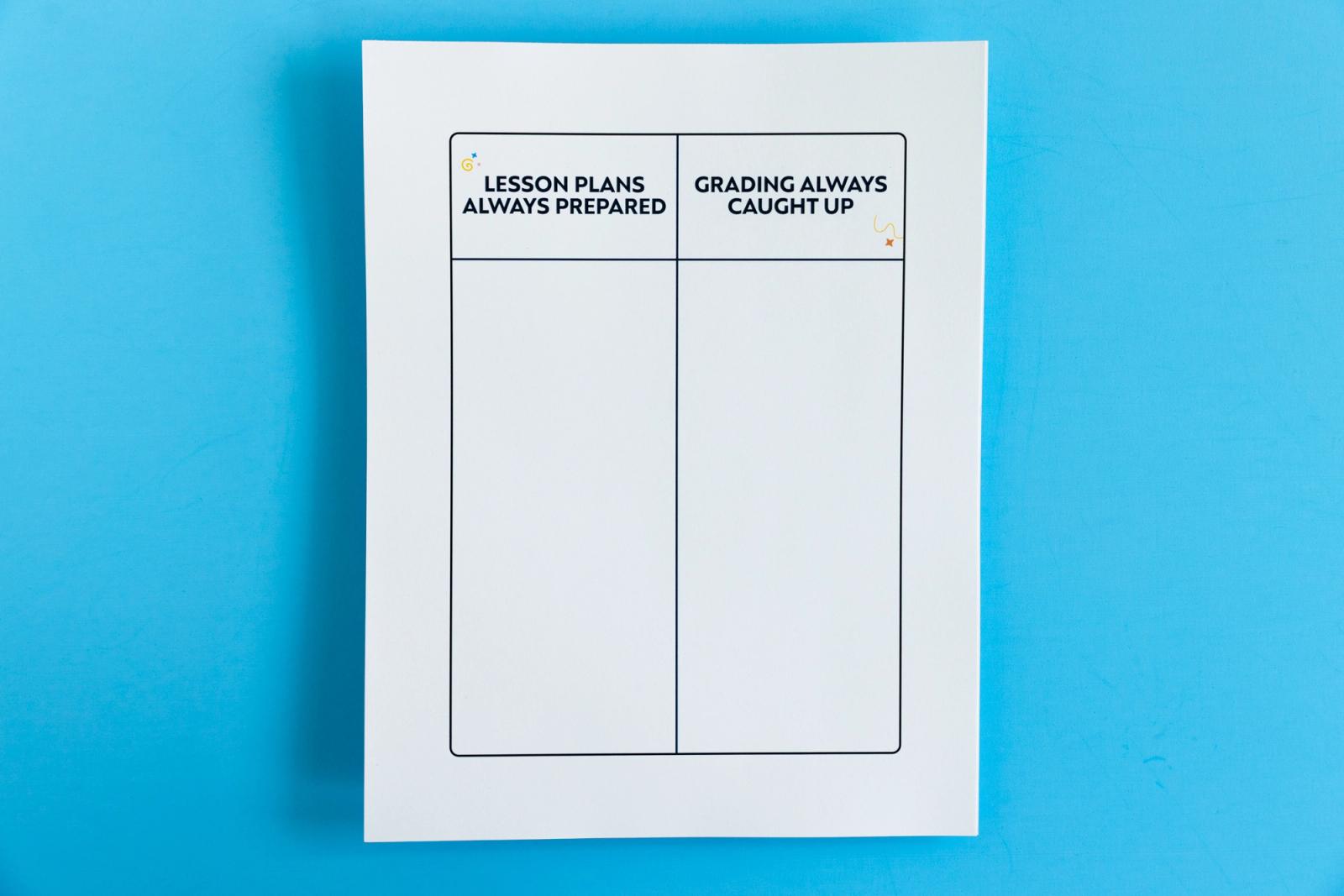 Sheet of paper that says "lesson plans always prepared" and "grading always caught up" on it lays on a light blue background.