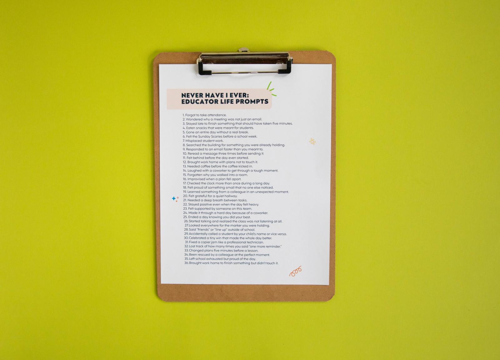 Sheet of paper on a clipboard lays on a light green background.