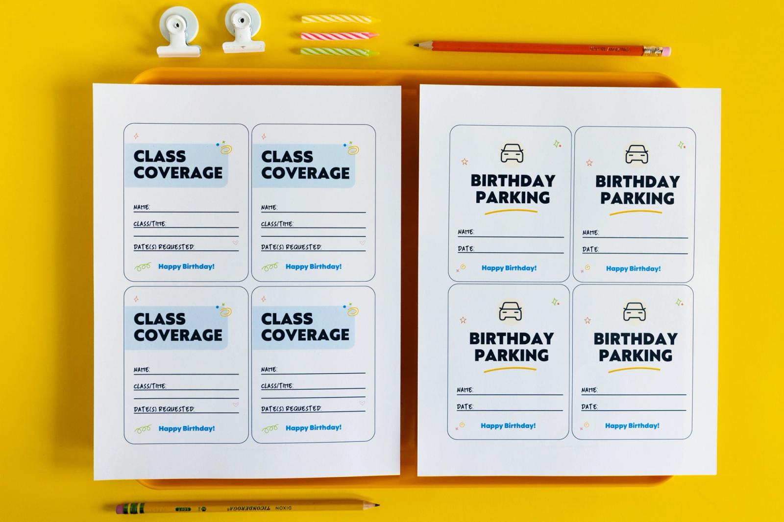 Two sheets of paper with four notecards on them lay on a yellow background with pencils around them.