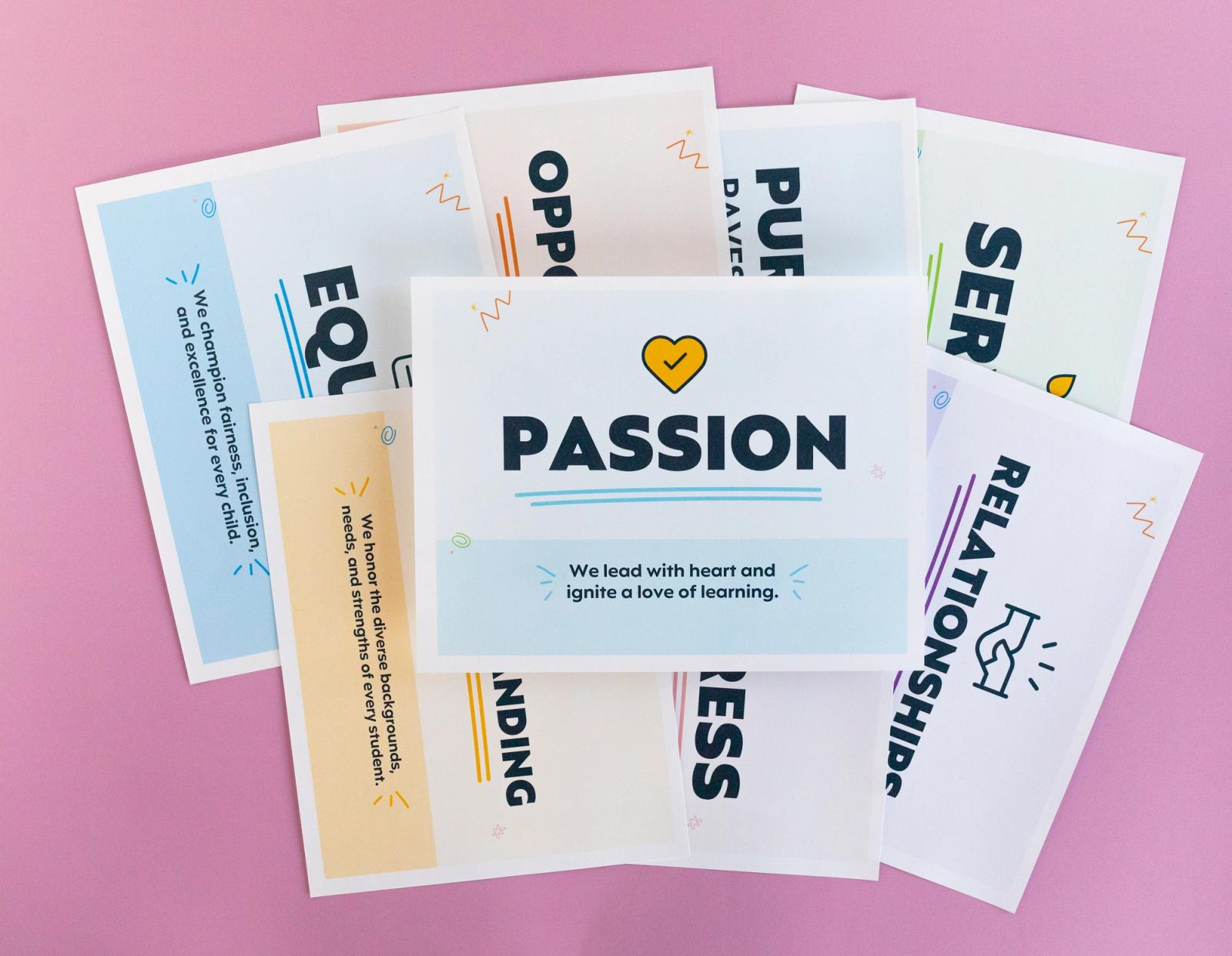 Several sheets of paper with large words on them lay on a pink background.