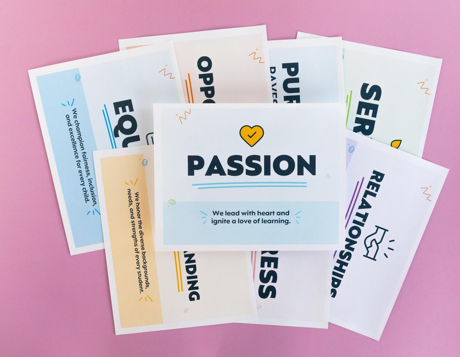 Several sheets of paper with large words on them lay on a pink background.
