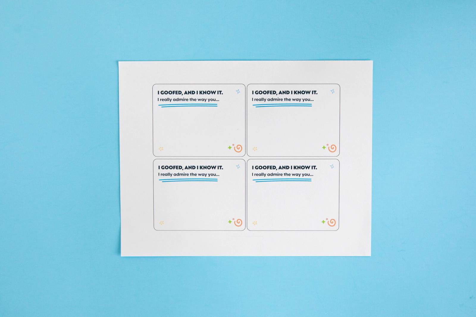 Sheet of paper with notecards that say "I goofed and I know it" lays on a light blue background.