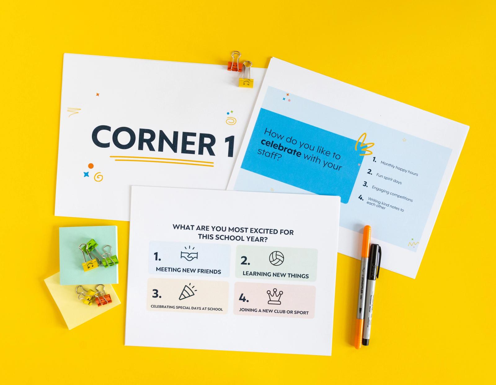 Three sheets of paper with paper clips, sticky notes and pens scattered around them lay on a yellow background.