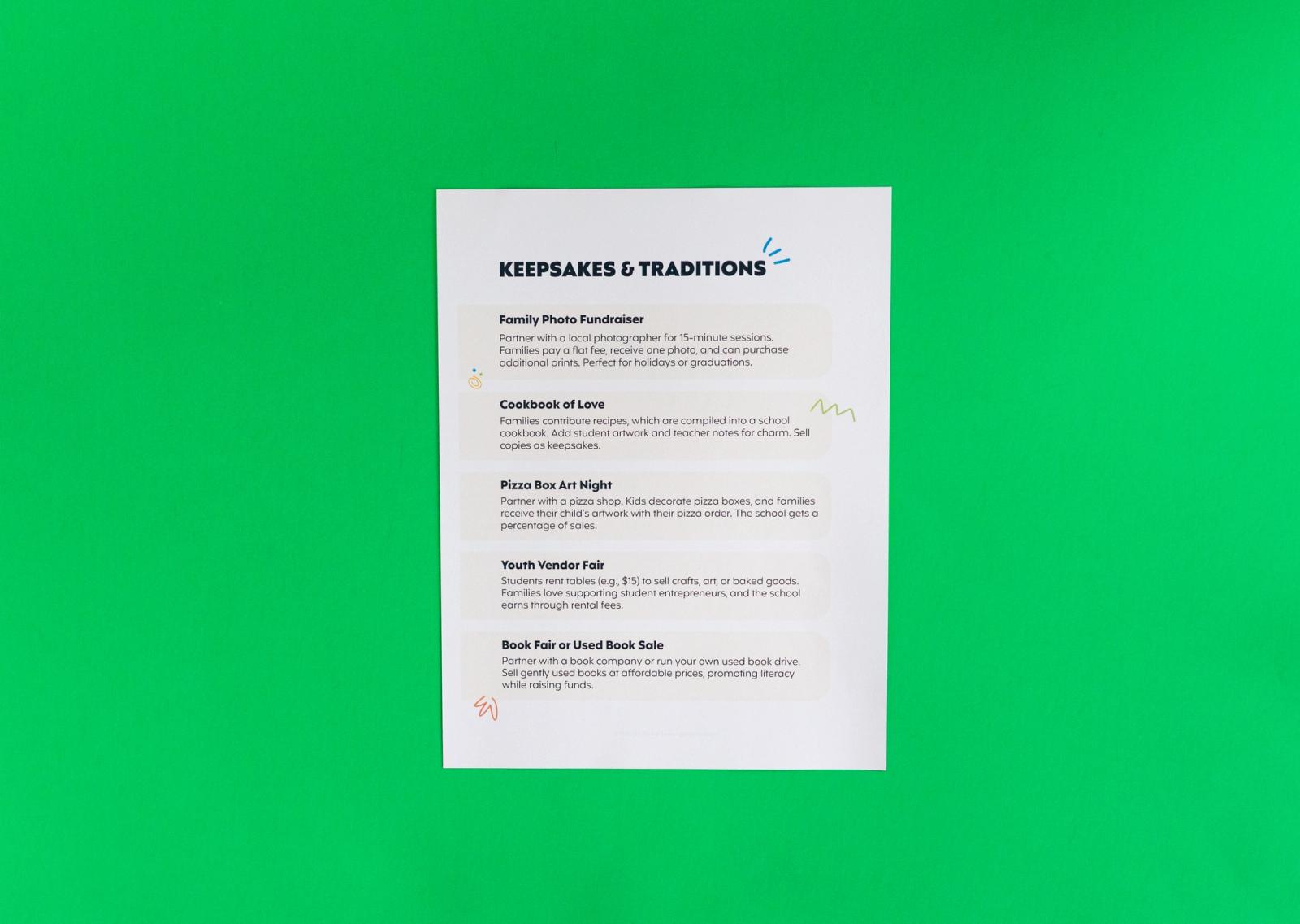 Sheet of paper that says "keepsakes and traditions" on it lay on a green background.